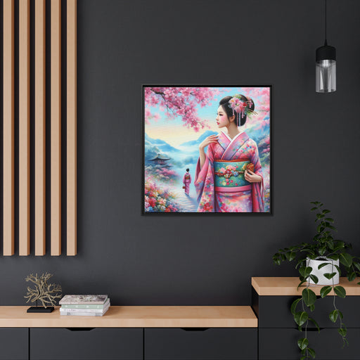Elegant Kimono Girl Canvas Art in Black Pinewood Frame