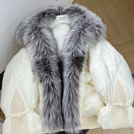 Elegant White Down Puffer Coat with Luxurious Silver Fox Fur Collar - Women's Winter Fashion Statement