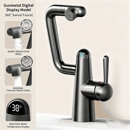 Anti Splash Brass Faucet Rotating Design and Digital Display in White Gunmetal