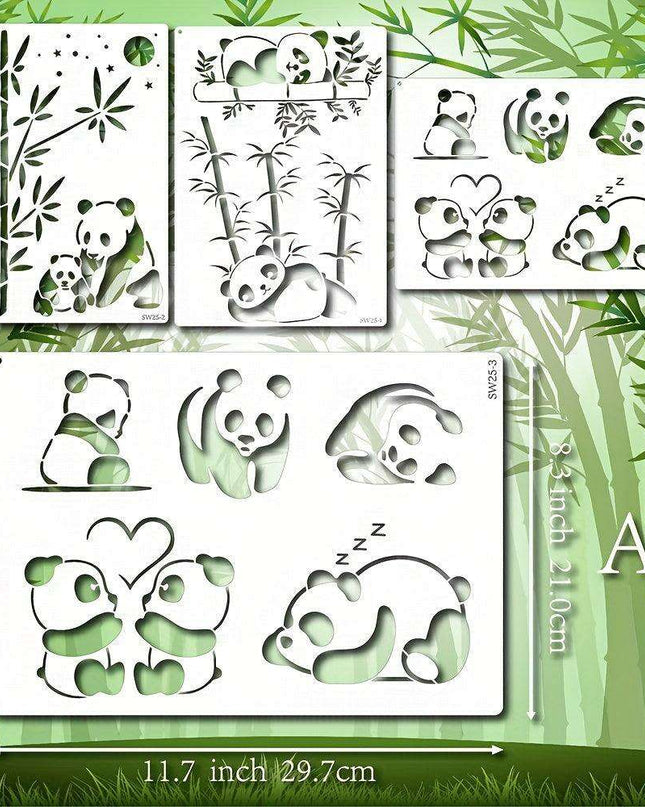 Panda Paradise Stencil Trio - A4 Templates for Creative Painting, Woodburning, and DIY Crafts with Bamboo Accents