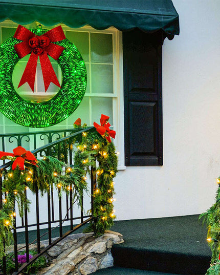 Christmas Garland 50CM Luminous LED Warm Light Metal Luminous Wreath With Big Bowknot Christmas Front Door Home Holiday Party Door Hanging Decor