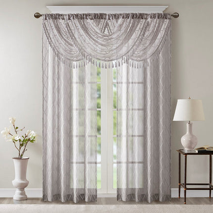 Room and Decor Diamond Sheer Embroidered Waterfall Valance, Grey 38x46