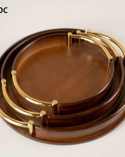 Chic Round Bamboo and Wood Serving Tray with Sturdy Metal Handle - Space-Saving Stackable Ottoman for Home Style