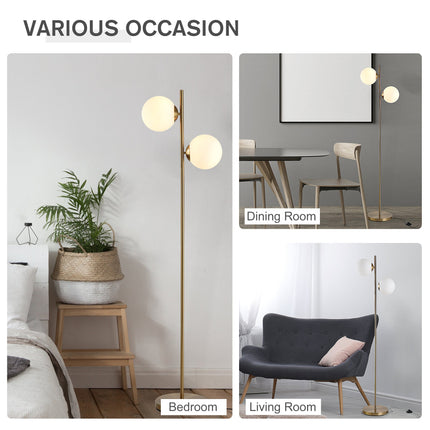 Homcom Modern Floor Lamp with 2 Glass Shades, White Gold Metal Design