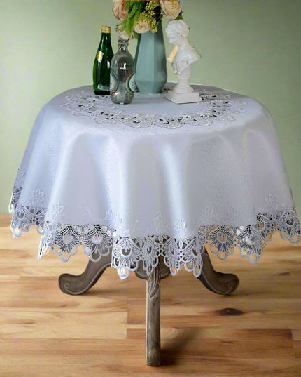 Sophisticated White Floral Lace Round Table Cover - 32-Inch Polyester Cloth for Elegant Dining Events, Easy Care