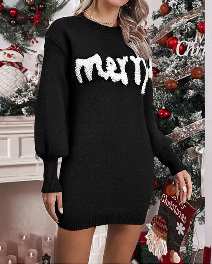 Women's Knitted Round Neck Lantern Sleeve Pullover Sweat Dress