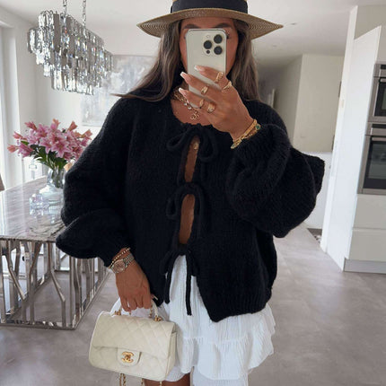 2024 Casual Knitted Bow Lace Up Cardigan Women Solid O-neck Short Sleeve Hollow Out Sweater Female Autumn Lady Solid Streetwear