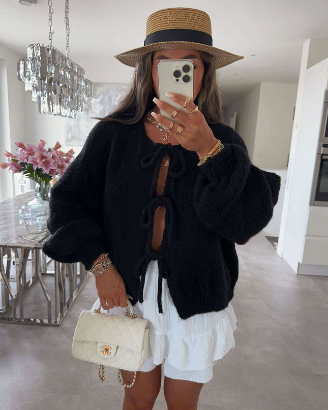 2024 Casual Knitted Bow Lace Up Cardigan Women Solid O-neck Short Sleeve Hollow Out Sweater Female Autumn Lady Solid Streetwear