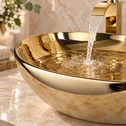 Luxury Gold Ceramic Vessel Sink - Round Above Counter Basin with Faucet
