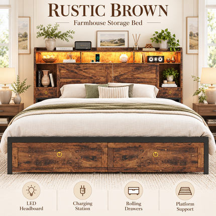 Farmhouse King Bed Frame with LED Headboard, 4-Drawer Storage & Charging Station Platform Beds & Bed Frames king-bed-frame-with-led-lights-storage-drawers-charging-station-farmhouse-style-no-box-spring-needed Furniture > Bedroom Furniture > Beds & Bed Frames