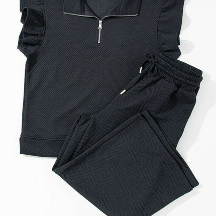 Chic Black Flutter Sleeve Top and Wide-Leg Trousers Ensemble
