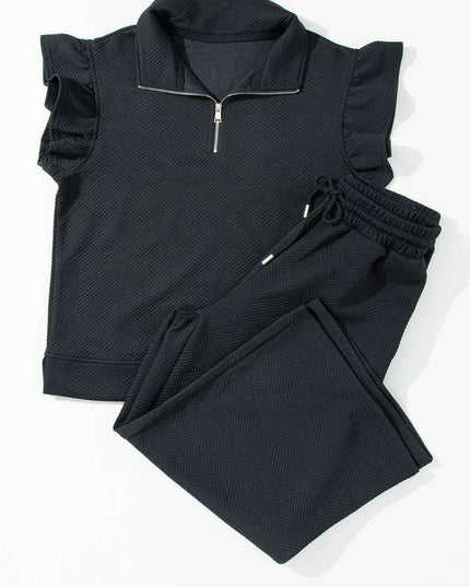 Chic Black Flutter Sleeve Top and Wide-Leg Trousers Ensemble