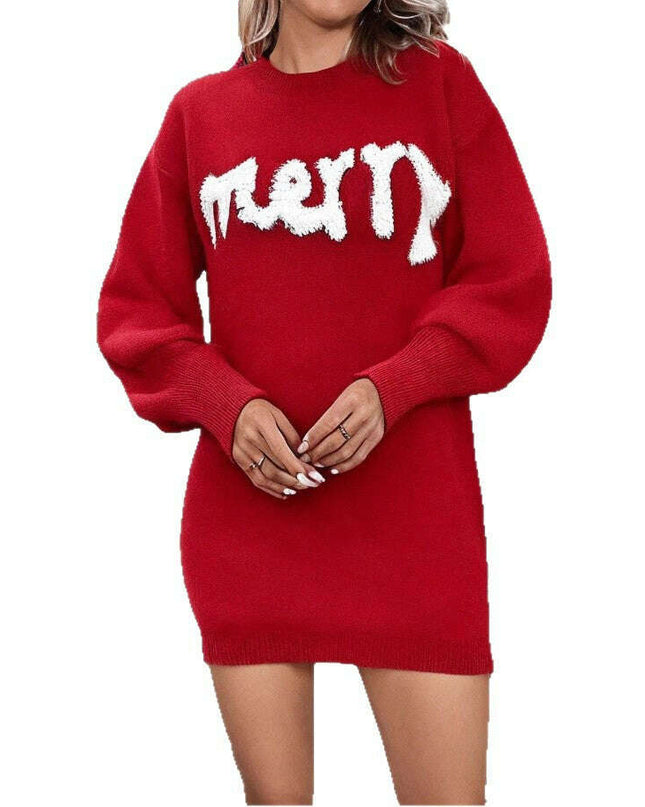 Women's Knitted Round Neck Lantern Sleeve Pullover Sweat Dress