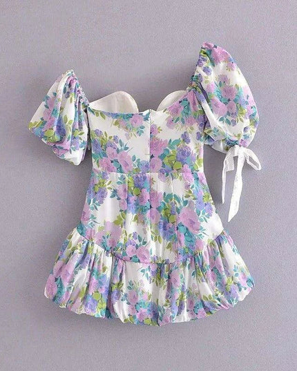 Eclectic Elegance: Lace-Trim Asymmetrical Puff Sleeve Boho Dress