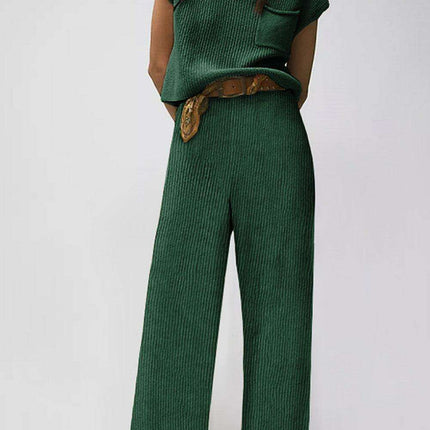 Stylish Forest Green Knit V Neck Sweater and Relaxed Pant Set - Cozy Fashion Essential for Young Women