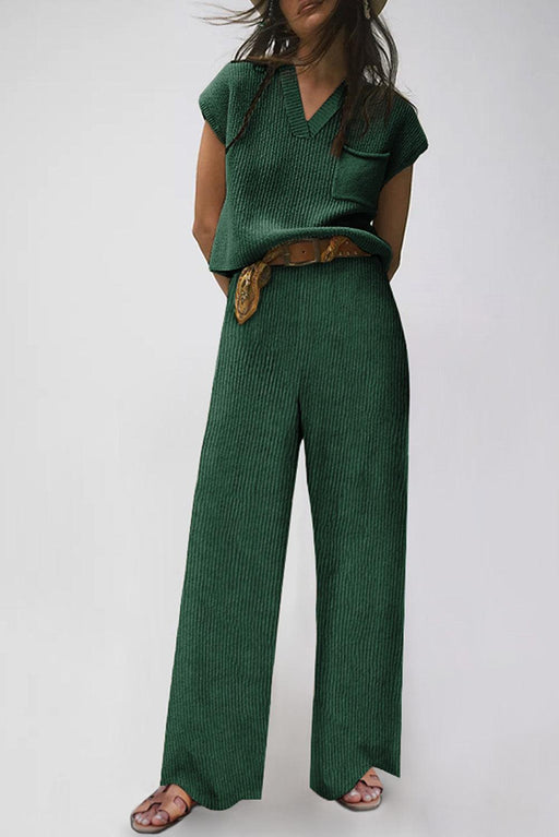 Forest Green Knit V Neck Sweater and Relaxed Pants Set - Cozy Ensemble for Stylish Comfort