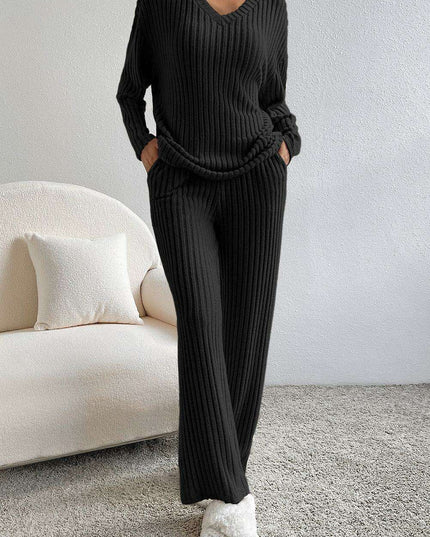 Elegant Black Ribbed V-Neck Lounge Set