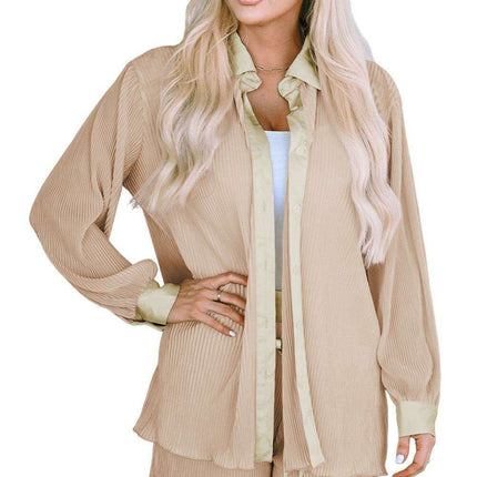 Apricot Pleated Lounge Set: Elegant Long Sleeve Top & Shorts Outfit