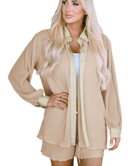Apricot Pleated Lounge Set: Elegant Long Sleeve Top & Shorts Outfit