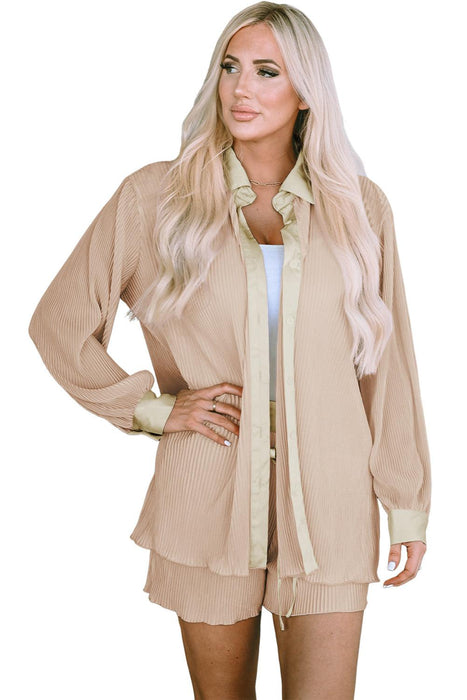 Apricot Pleated Lounge Wear Set with Long Sleeve Shirt and Shorts