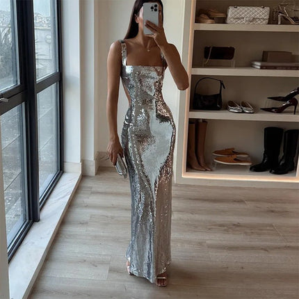 Peekaboo Studio Silver Sequin Halter Sheath Dress - Elegant Evening We