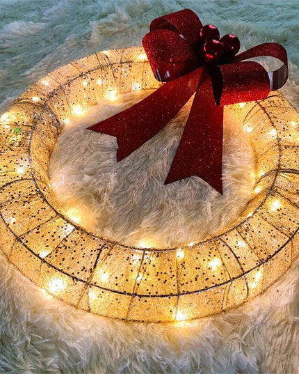 Christmas Garland 50CM Luminous LED Warm Light Metal Luminous Wreath With Big Bowknot Christmas Front Door Home Holiday Party Door Hanging Decor