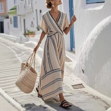 Peekaboo Studio Women's Boho Striped V Neck Pleated A-Line Dress