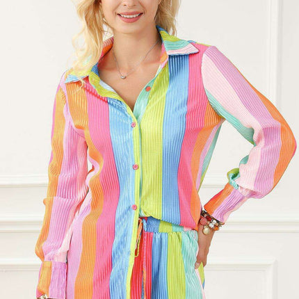 Colorful Crinkle Shirt and Shorts Ensemble with Playful Rainbow Stripes