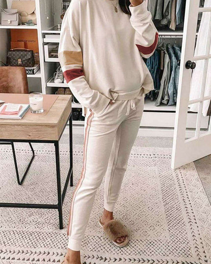 Stylish White Color Block Lounge Set with Luxurious Contrast Trim