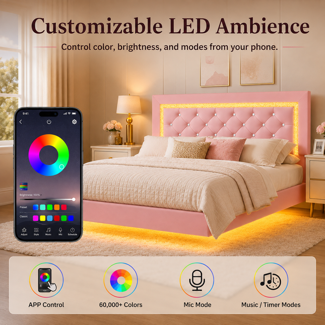 Shop1105673279 Full Floating Bed Frame, LED Lights, Pink Upholstered H