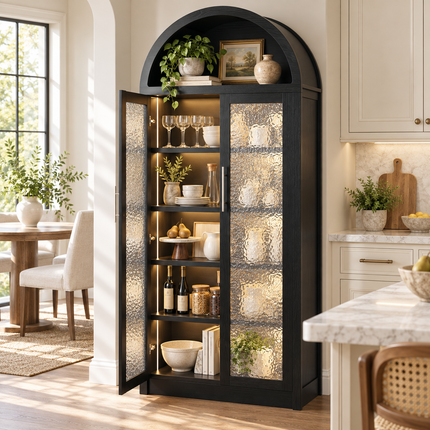 71" Tall Arched Cabinet with LED Lights | Glass Door Pantry Storage Cabinet