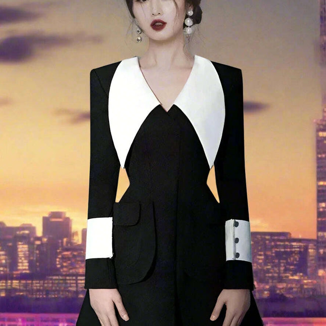 A-Line Summer Office Dress with Stylish Lapels and Functional Pockets