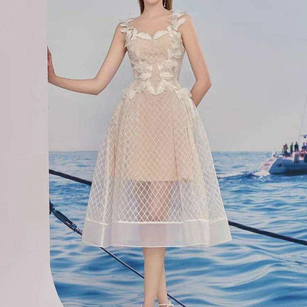 A-line Evening Dress with 3D Floral Accents and Color Contrast - Très Elite
