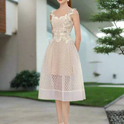 A-line Evening Dress with 3D Floral Accents and Color Contrast - Très Elite