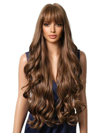 30-Inch Brown Wavy Synthetic Wig with Bangs - Perfect for Parties and Themed Events