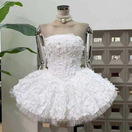 Strapless 3D Flower Mini Party Dress — A-line Tulle Skirt, Birthday & Occasion