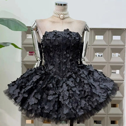 Strapless 3D Flower Mini Party Dress — A-line Tulle Skirt, Birthday & Occasion