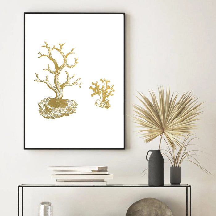 Golden Coral Tree Art Print Canvas: Coastal Retreat Elegance for Elegant Home Decor