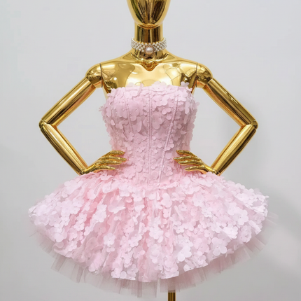 Strapless 3D Flower Mini Party Dress — A-line Tulle Skirt, Birthday & Occasion