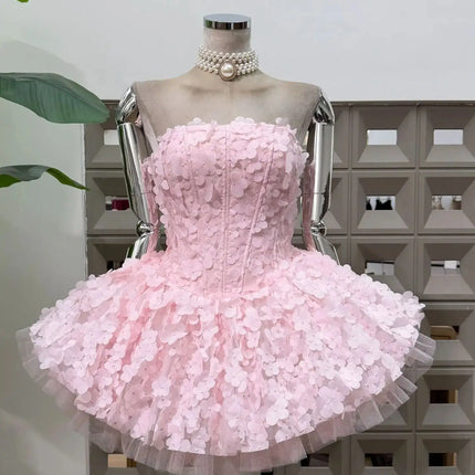 Strapless 3D Flower Mini Party Dress — A-line Tulle Skirt, Birthday & Occasion