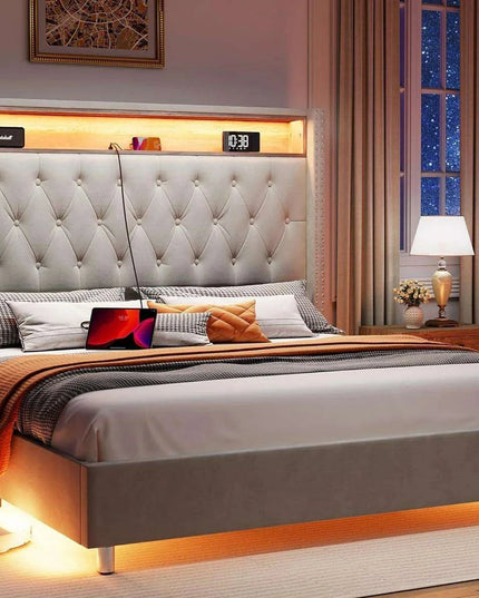 Elegant Dark Gray LED Queen Bed Frame with Charging Headboard & Ambient Nightlight