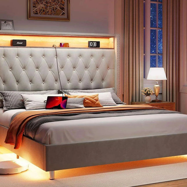 Elegant Dark Gray LED Queen Bed Frame with Charging Headboard & Ambient Nightlight
