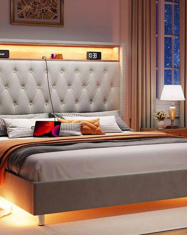 Elegant Dark Gray LED Queen Bed Frame with Charging Headboard & Ambient Nightlight