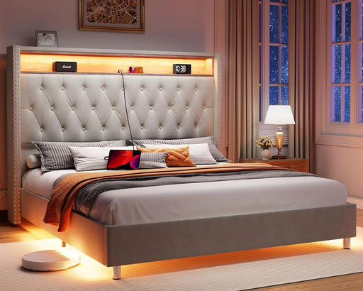 Luxury LED Queen Bed Frame with Charging Storage Headboard & Night Light - Gray