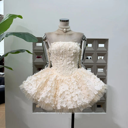 Strapless 3D Flower Mini Party Dress — A-line Tulle Skirt, Birthday & Occasion