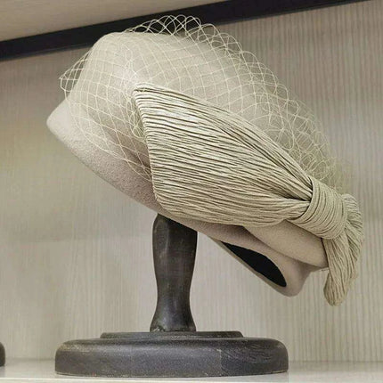 Elegant Women's Black Wool Beret with Veil and Bow – Stylish Fedora Hat for Winter Celebrations