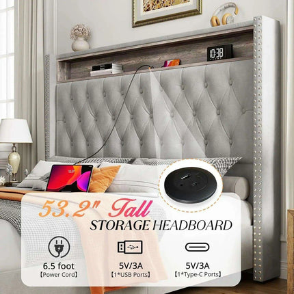 Elegant Dark Gray LED Queen Bed Frame with Charging Headboard & Ambient Nightlight