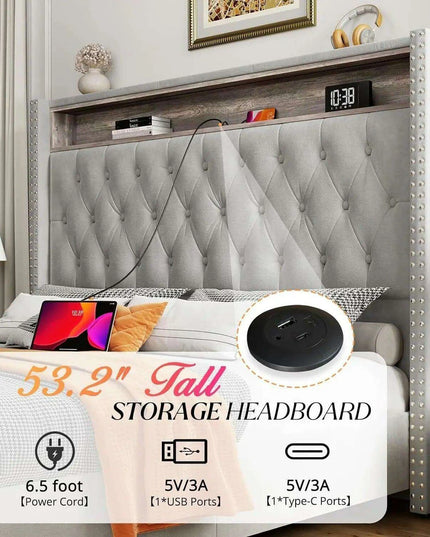 Elegant Dark Gray LED Queen Bed Frame with Charging Headboard & Ambient Nightlight