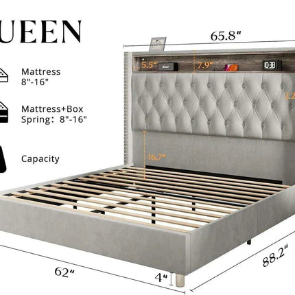 Elegant Dark Gray LED Queen Bed Frame with Charging Headboard & Ambient Nightlight