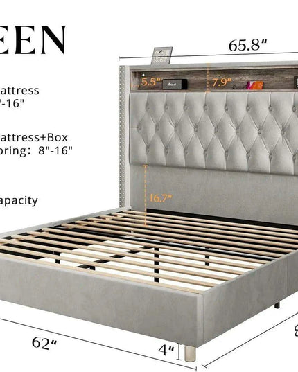 Elegant Dark Gray LED Queen Bed Frame with Charging Headboard & Ambient Nightlight